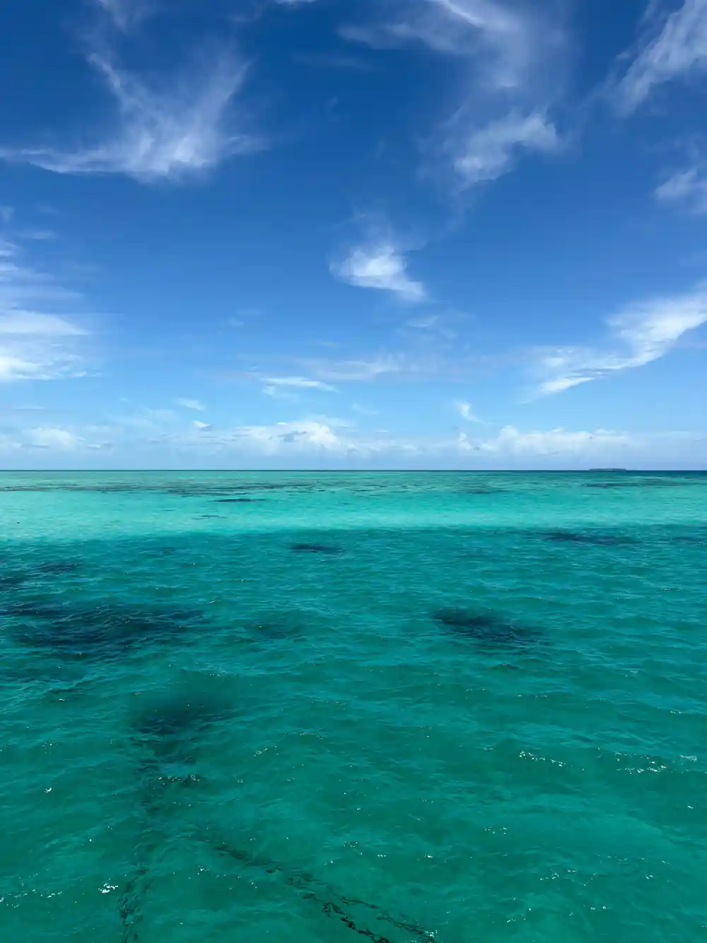 Bright turquoise shallows over a reef flat under blue sky