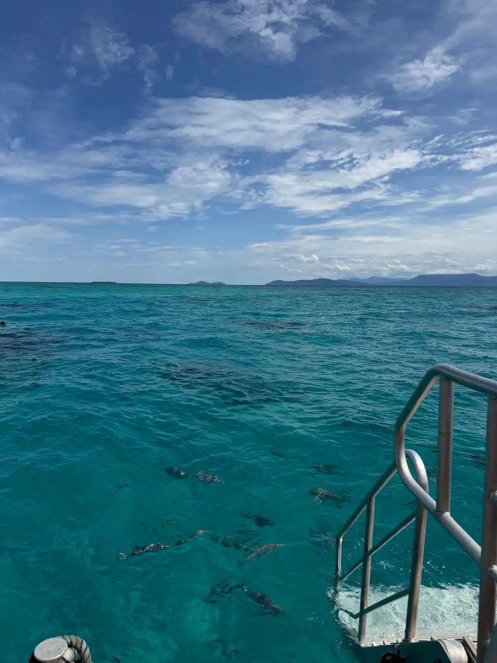 The reef and a distant island seen from the boat's rail