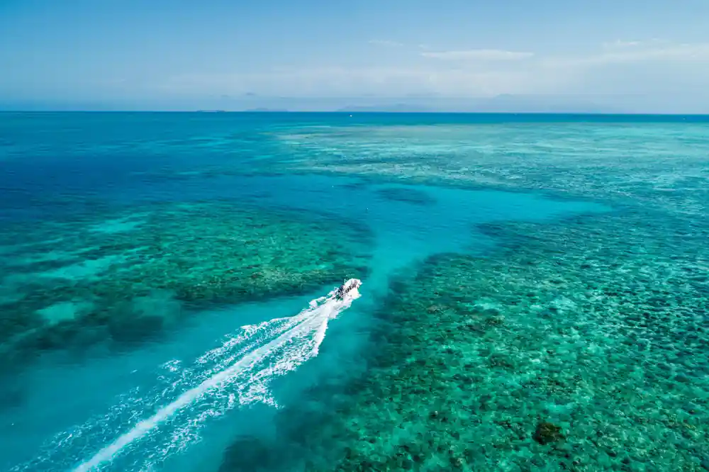 A small boat crossing clear water above a dark reef seen from the air