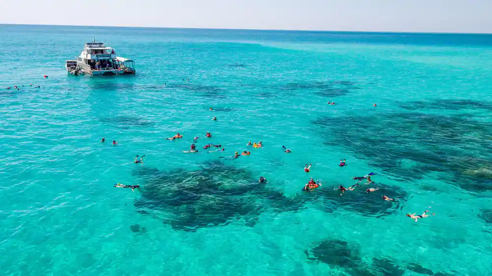 Snorkellers spread across a shallow reef seen from the boat