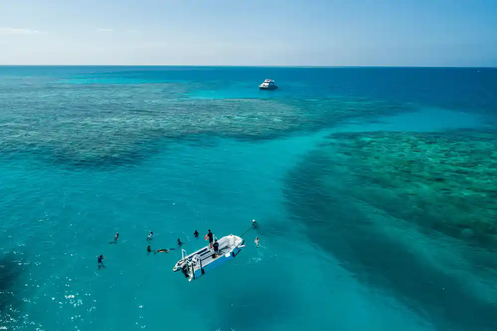Snorkellers in the water beside a tender over pale turquoise reef